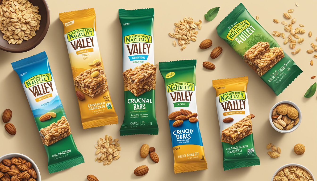 A variety of Nature Valley Crunchy Granola Bars surrounded by ingredients like oats, nuts, and honey, with the nutritional facts displayed prominently