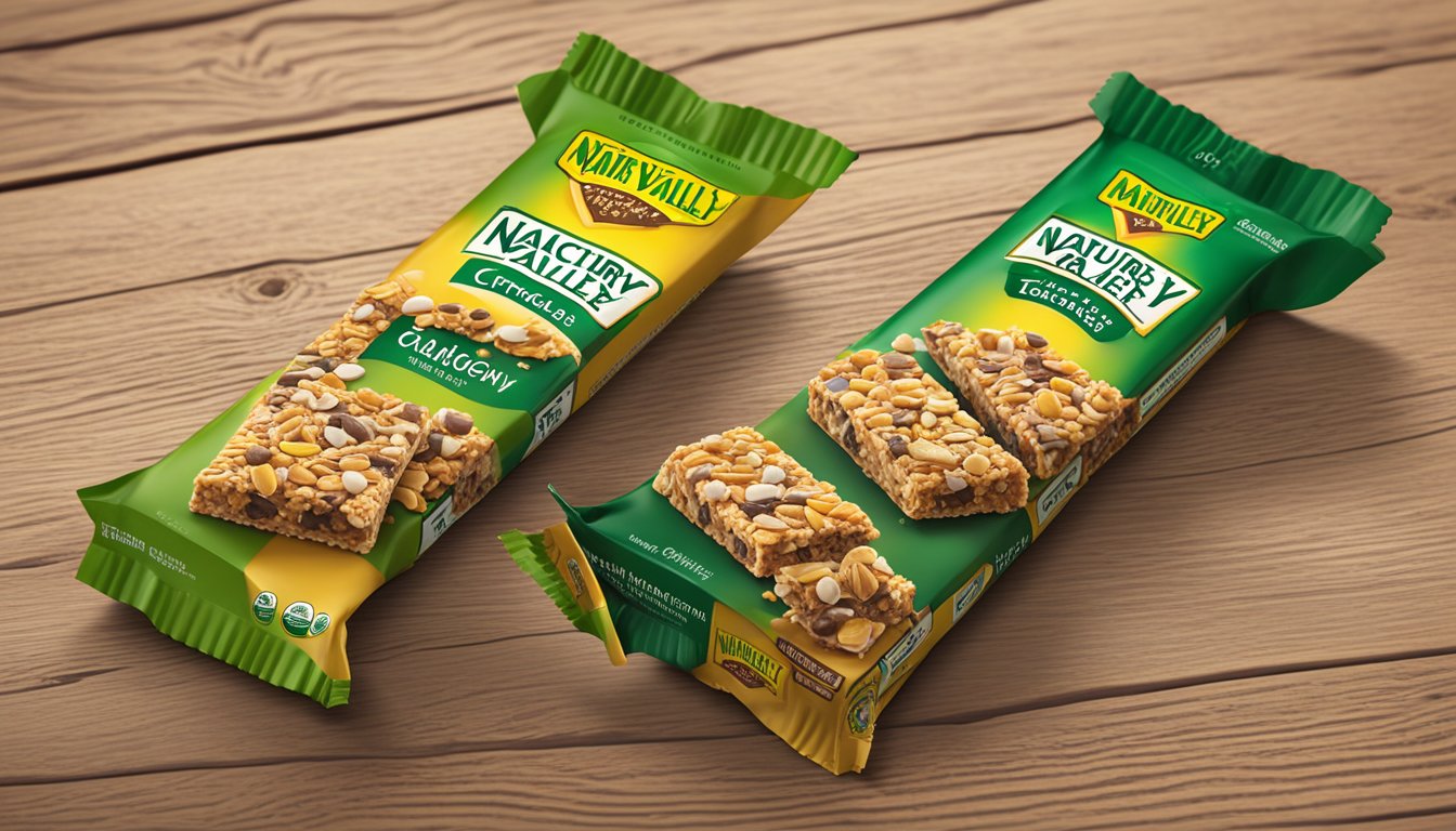 A variety of Nature Valley Crunchy Granola Bars scattered on a wooden table, with the nutritional facts visible on the packaging