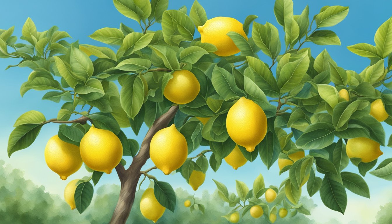 A lemon tree with ripe, yellow fruit hanging from the branches, surrounded by green leaves and a clear blue sky in the background