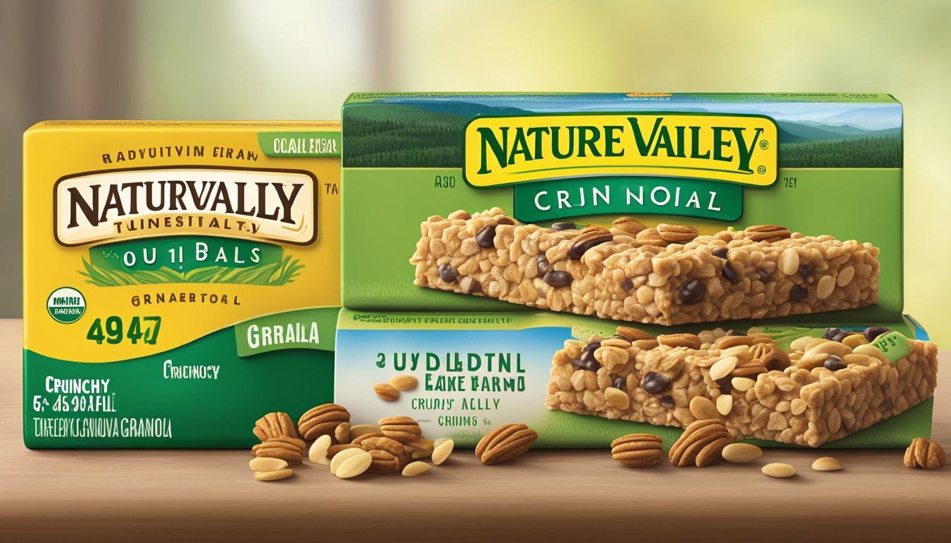 A variety of Nature Valley Crunchy Granola Bars arranged with their nutritional facts displayed