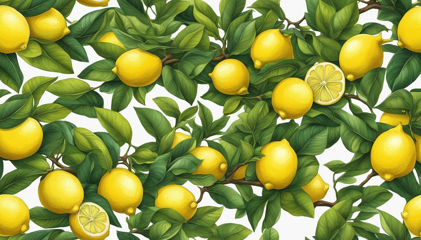 A lemon tree surrounded by vibrant yellow lemons, with a few sliced lemons and lemon zest scattered on a wooden cutting board