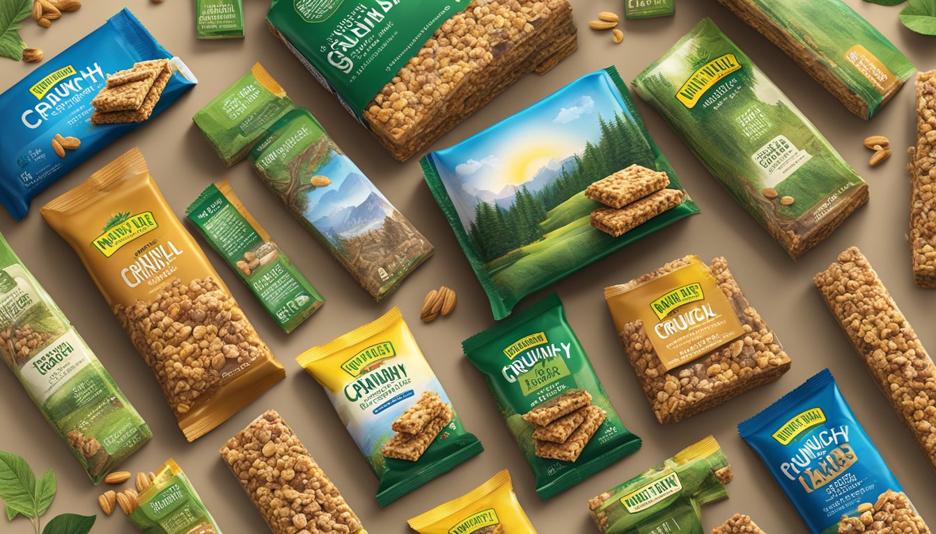 A variety of Nature Valley Crunchy Granola Bars, with nutritional facts visible, surrounded by natural elements such as trees, leaves, and sunlight