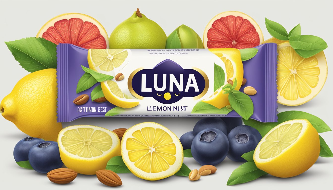 A bright and colorful illustration of a Luna Bar Lemon Zest surrounded by various fruits and nuts, with a clear focus on the nutritional facts label