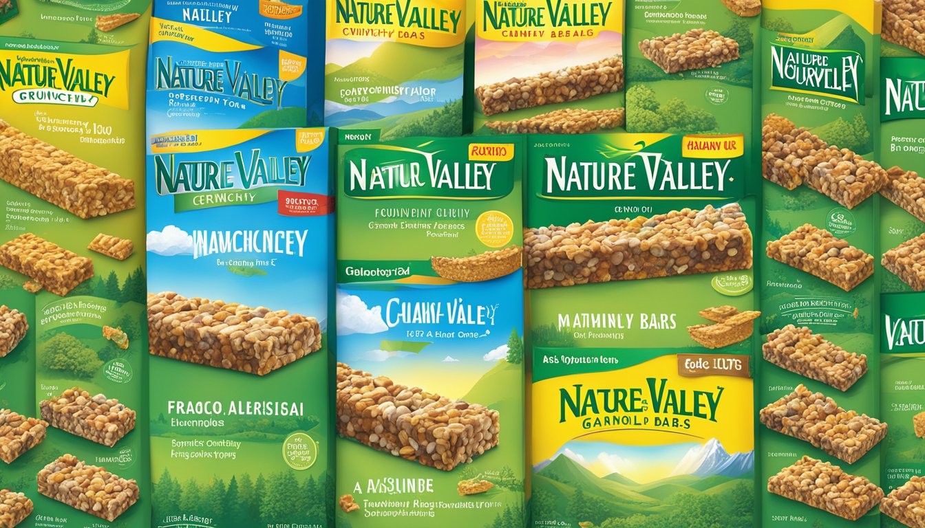 A variety pack of Nature Valley Crunchy Granola Bars surrounded by vibrant, lush greenery, with a clear blue sky in the background