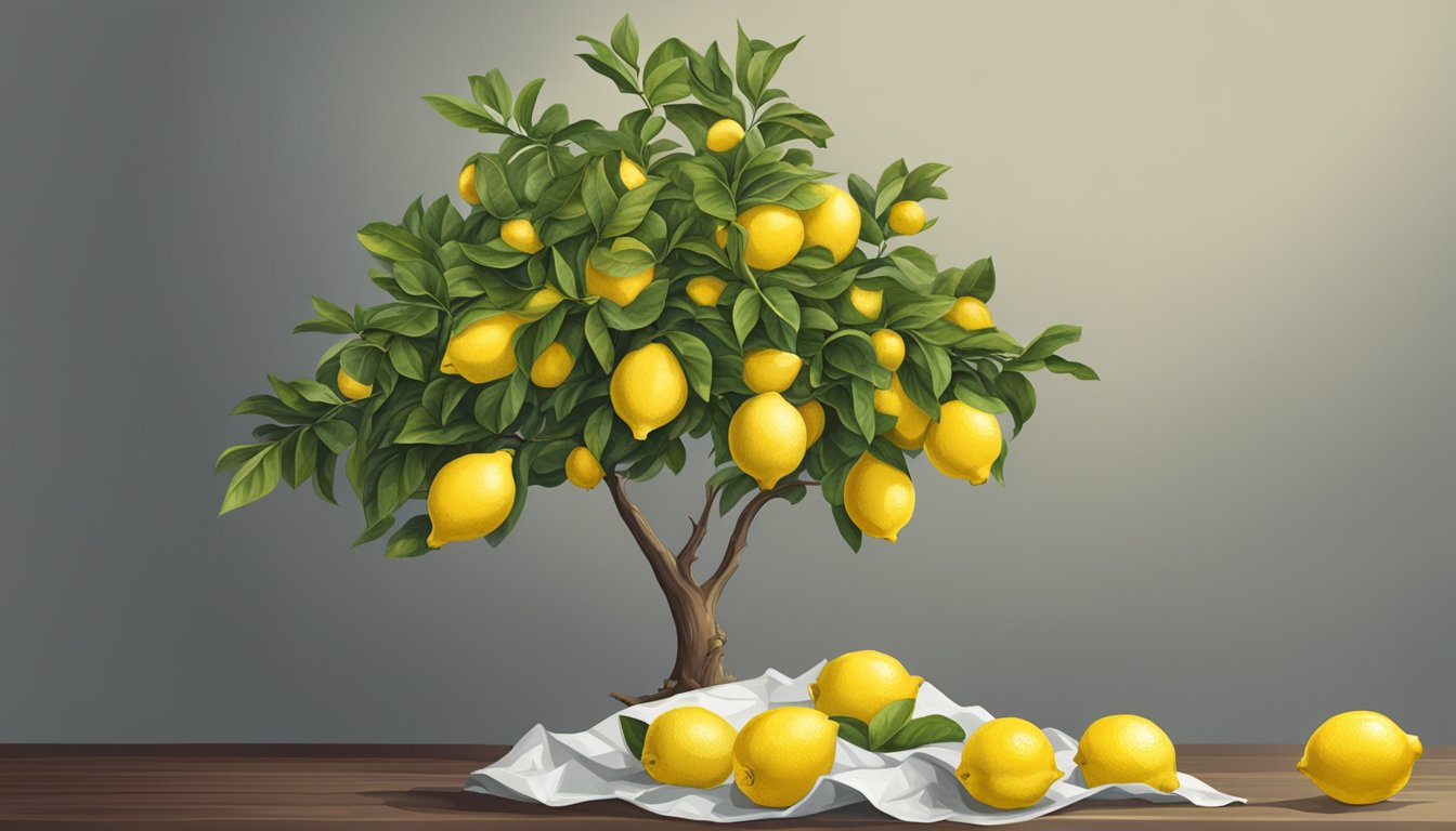 A lemon tree with ripe fruit, a pile of lemons, and a crumpled Luna Bar wrapper