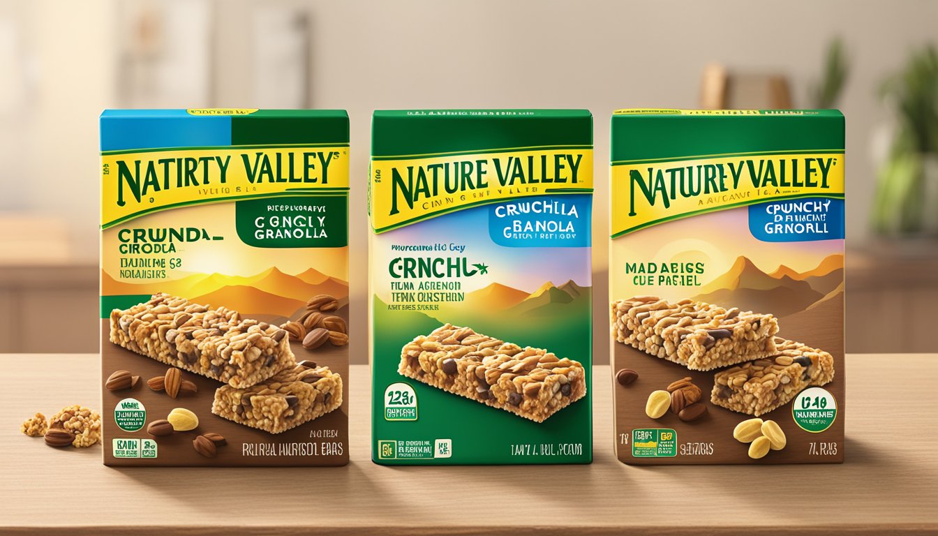 A variety of Nature Valley Crunchy Granola Bars arranged with their packaging and nutritional facts displayed nearby