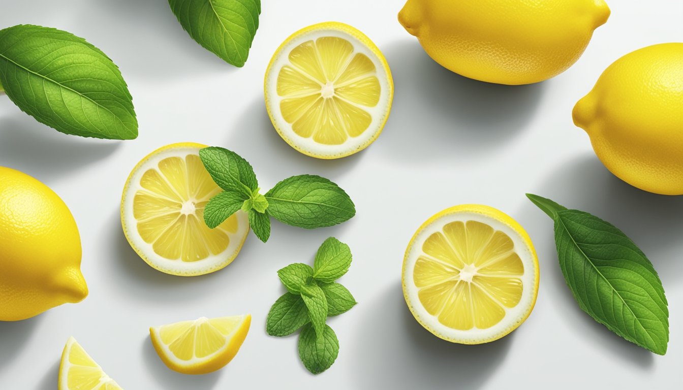 A bright yellow Luna Bar Lemon Zest sits on a clean white surface, surrounded by fresh lemon slices and a sprig of mint