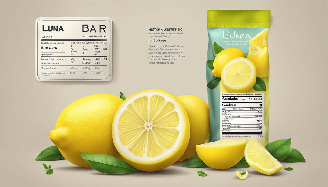 A Luna Bar Lemon Zest next to a pile of lemons, with a nutrition label and ingredients list visible