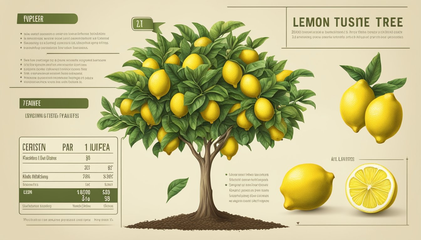 A lemon tree with ripe fruit, a bar wrapper, and a nutrition label