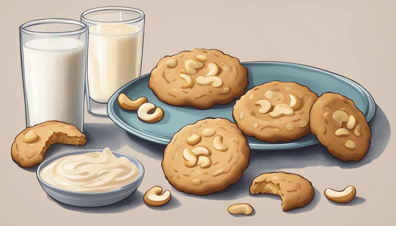 A close-up of a Lärabar Cashew Cookie with a few cashews scattered around it, accompanied by a small plate and a serving suggestion of pairing it with a glass of milk