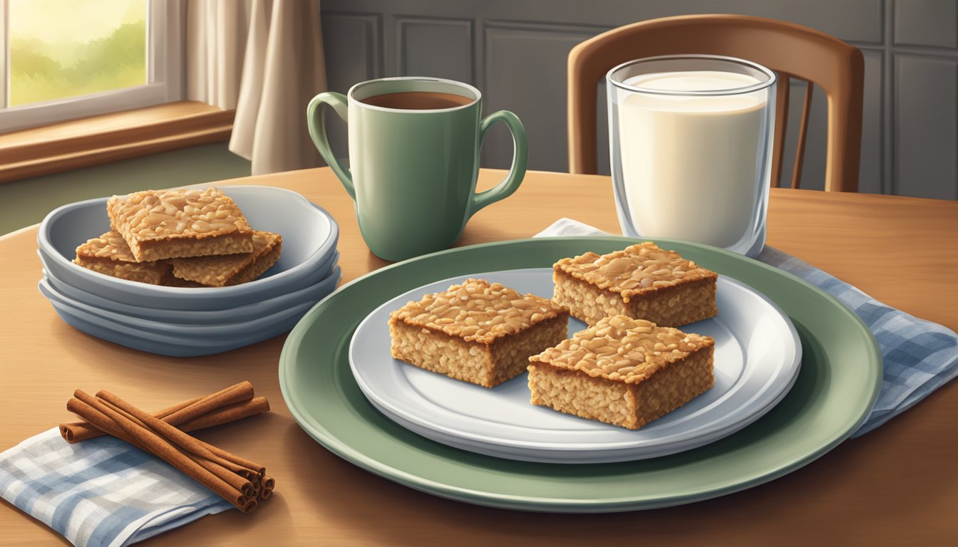 A cozy kitchen table with a plate of Nature Valley Oatmeal Squares Soft Baked Cinnamon Brown Sugar, a glass of milk, and a napkin