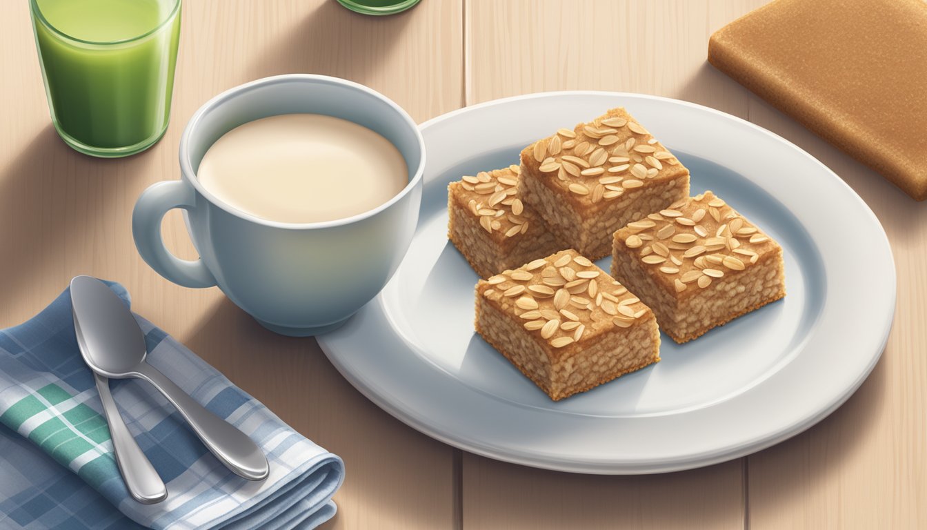 A table with a plate of Nature Valley Oatmeal Squares Soft Baked Cinnamon Brown Sugar and a glass of milk