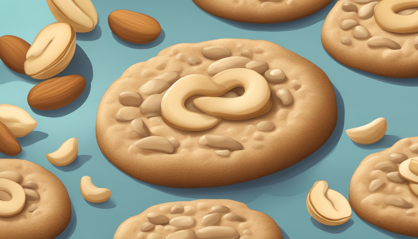 A close-up of a Lärabar Cashew Cookie with scattered cashews and a nutrition label in the background