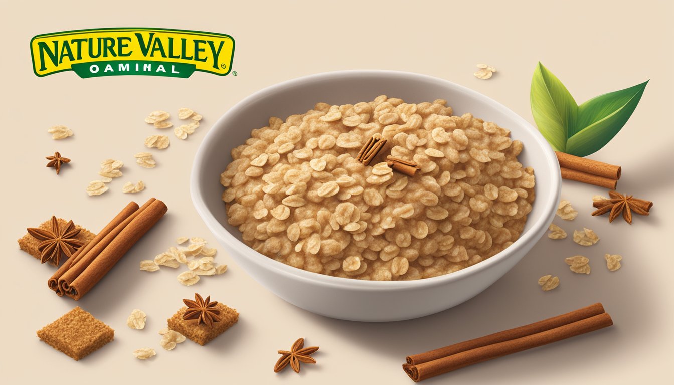 A bowl of Nature Valley Oatmeal Squares Soft Baked Cinnamon Brown Sugar with scattered oats and cinnamon sticks