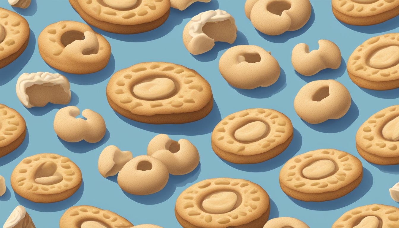 A Lärabar Cashew Cookie surrounded by scattered cashews and a pile of cookies, with a nutritional label in the background