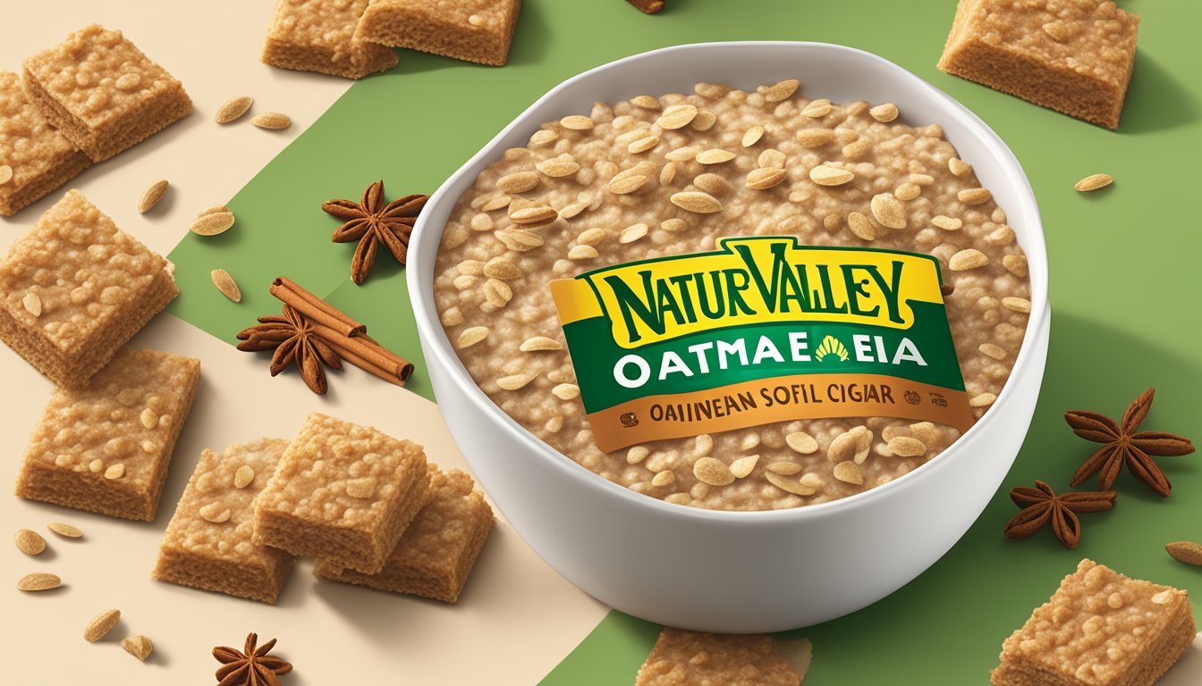 A bowl of Nature Valley Oatmeal Squares Soft Baked Cinnamon Brown Sugar surrounded by scattered oats and cinnamon sticks