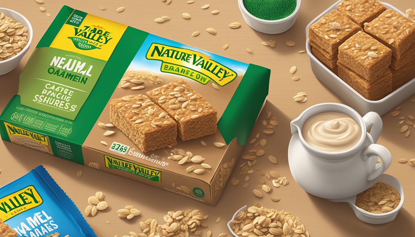 A table with a box of Nature Valley Oatmeal Squares Soft Baked Cinnamon Brown Sugar and scattered oats