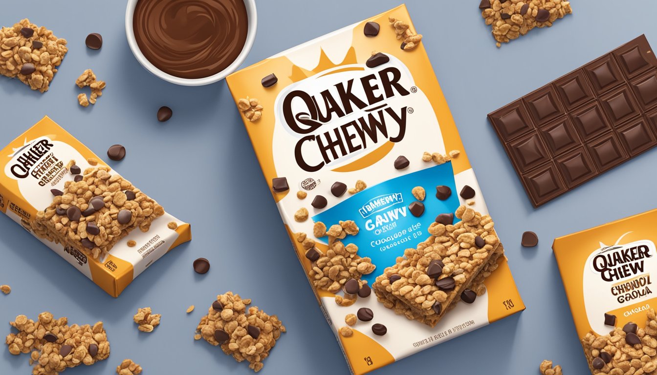 A table with a box of Quaker Chewy Granola Bars Chocolate Chip, surrounded by scattered chocolate chips and oats