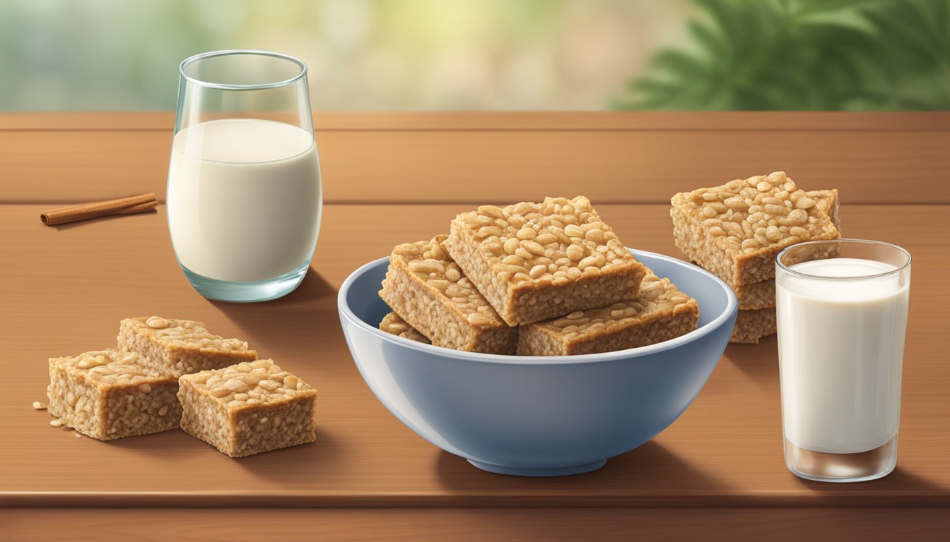 A bowl of Nature Valley Oatmeal Squares Soft Baked Cinnamon Brown Sugar with a glass of milk on a wooden table