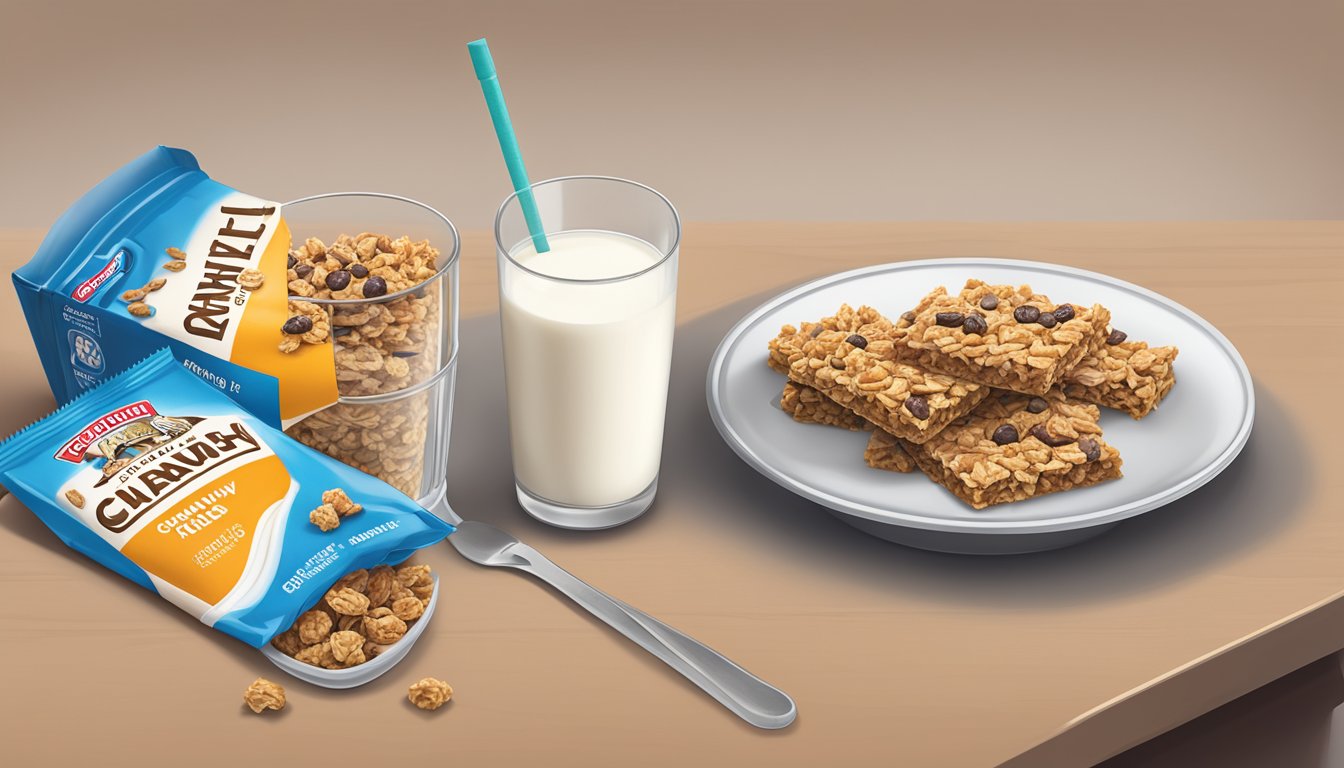 A table with a plate of Quaker Chewy Granola Bars, a glass of milk, and a measuring cup displaying serving size and portions