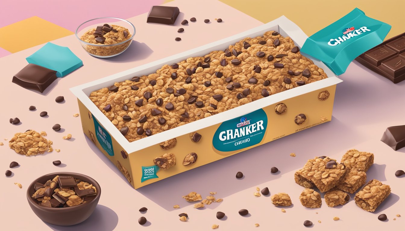 A table with a box of Quaker Chewy Granola Bars, surrounded by scattered chocolate chips and oats