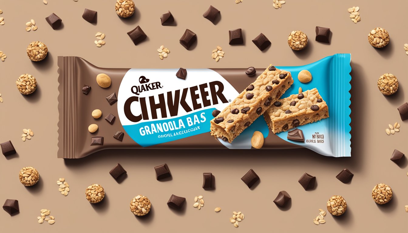 A bowl of Quaker Chewy Granola Bars Chocolate Chip surrounded by scattered chocolate chips and oats