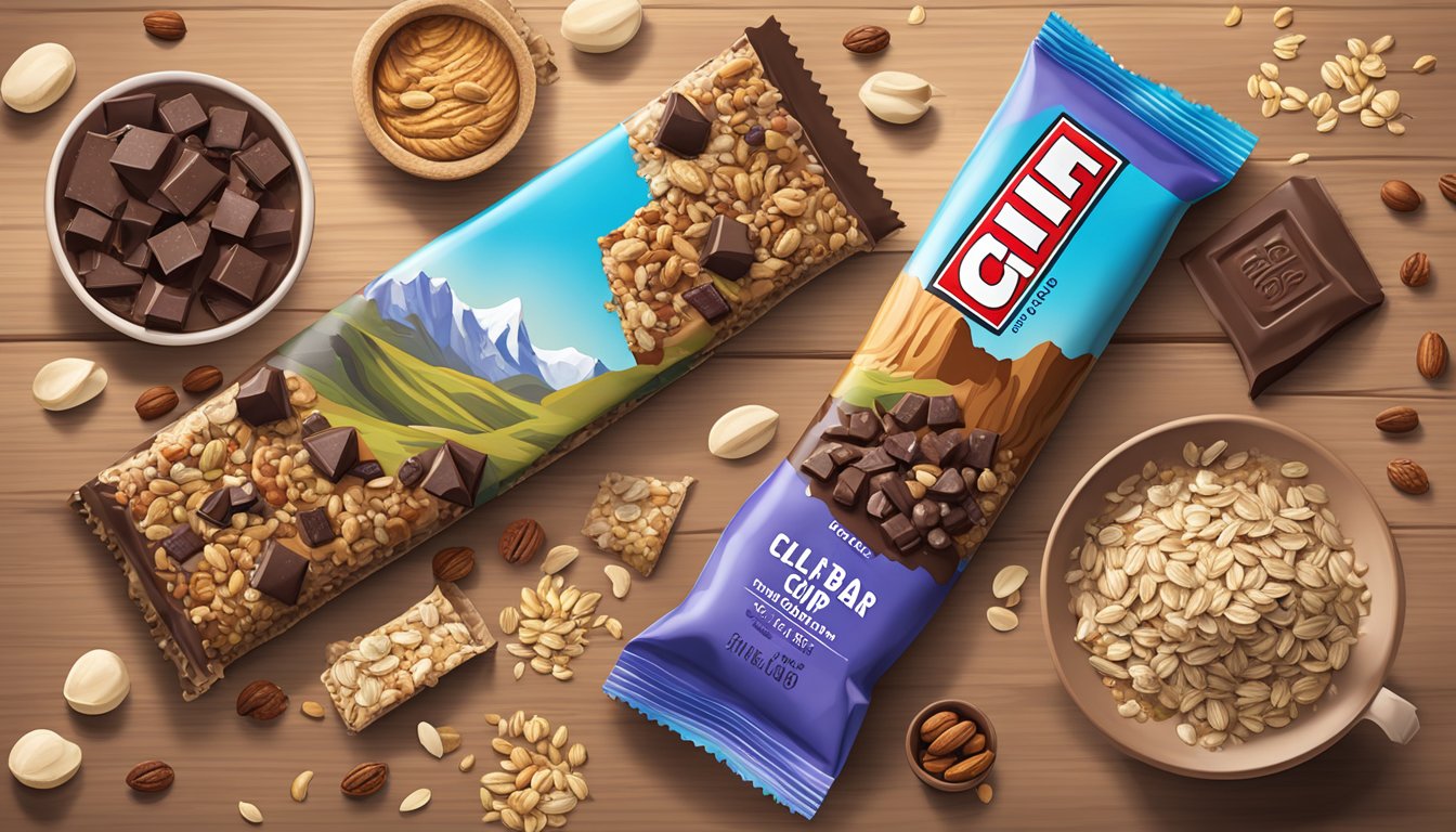 A Clif Bar Chocolate Chip surrounded by ingredients like oats, chocolate chips, and nuts on a wooden table