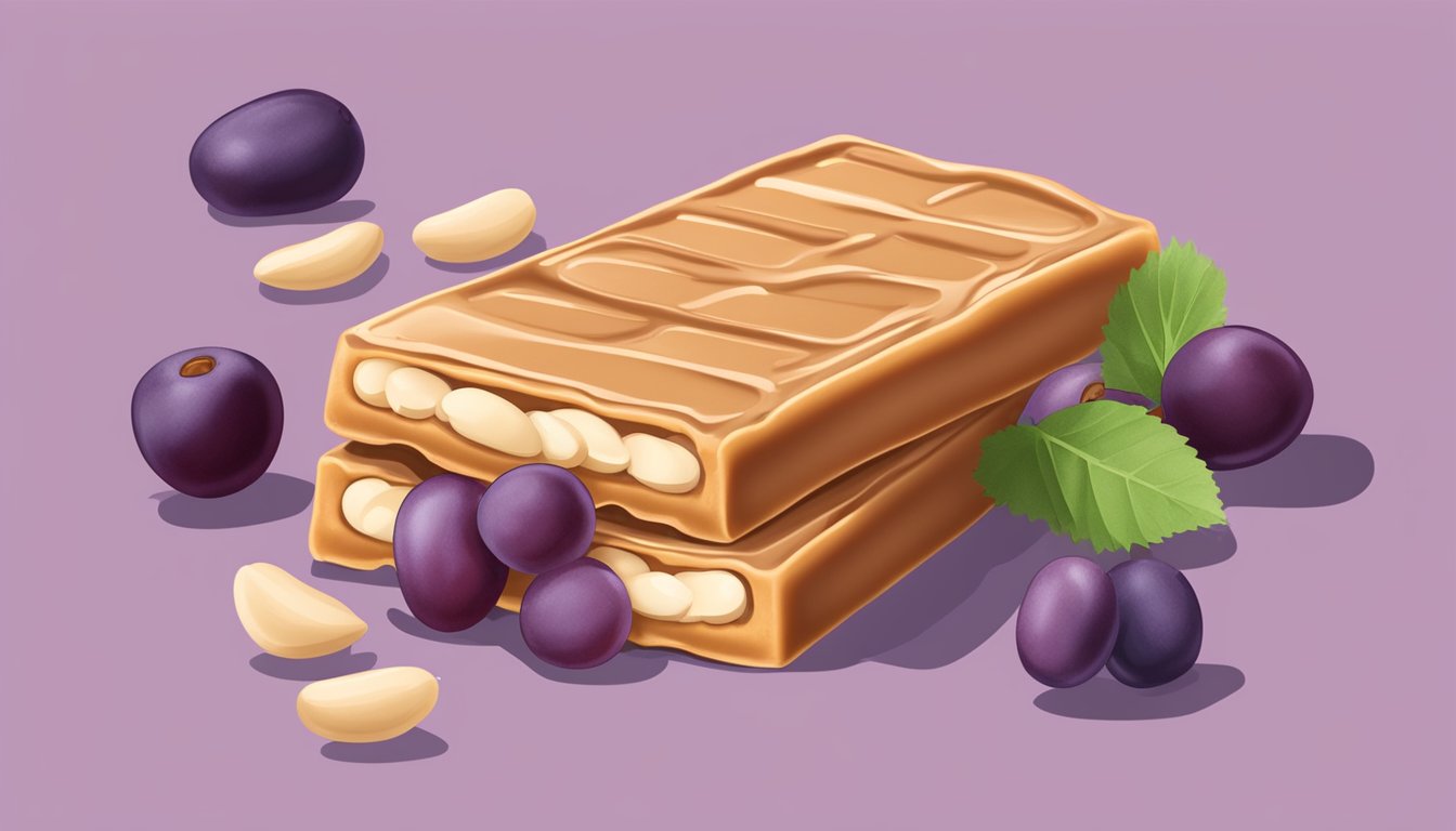 A Peanut Butter & Jelly Protein Bar surrounded by fresh peanuts and grapes