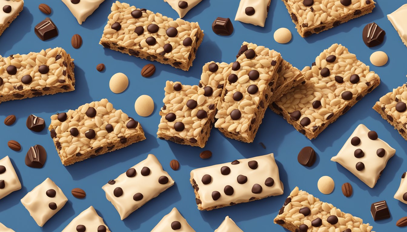 A pile of Quaker Chewy Granola Bars with a Chocolate Chip flavor, surrounded by scattered oats and chocolate chips