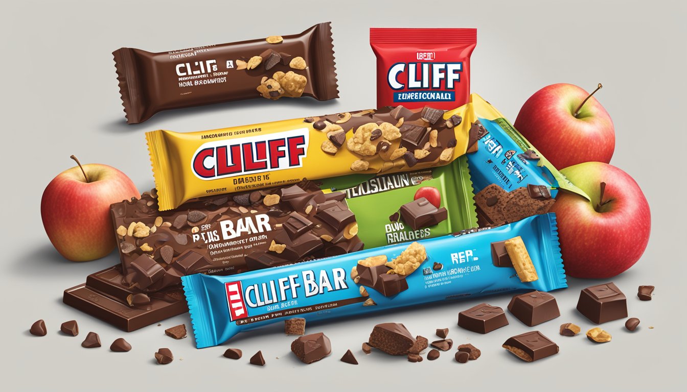 A Clif Bar Chocolate Chip surrounded by various health-related components such as a tape measure, apple, dumbbell, and heart rate monitor