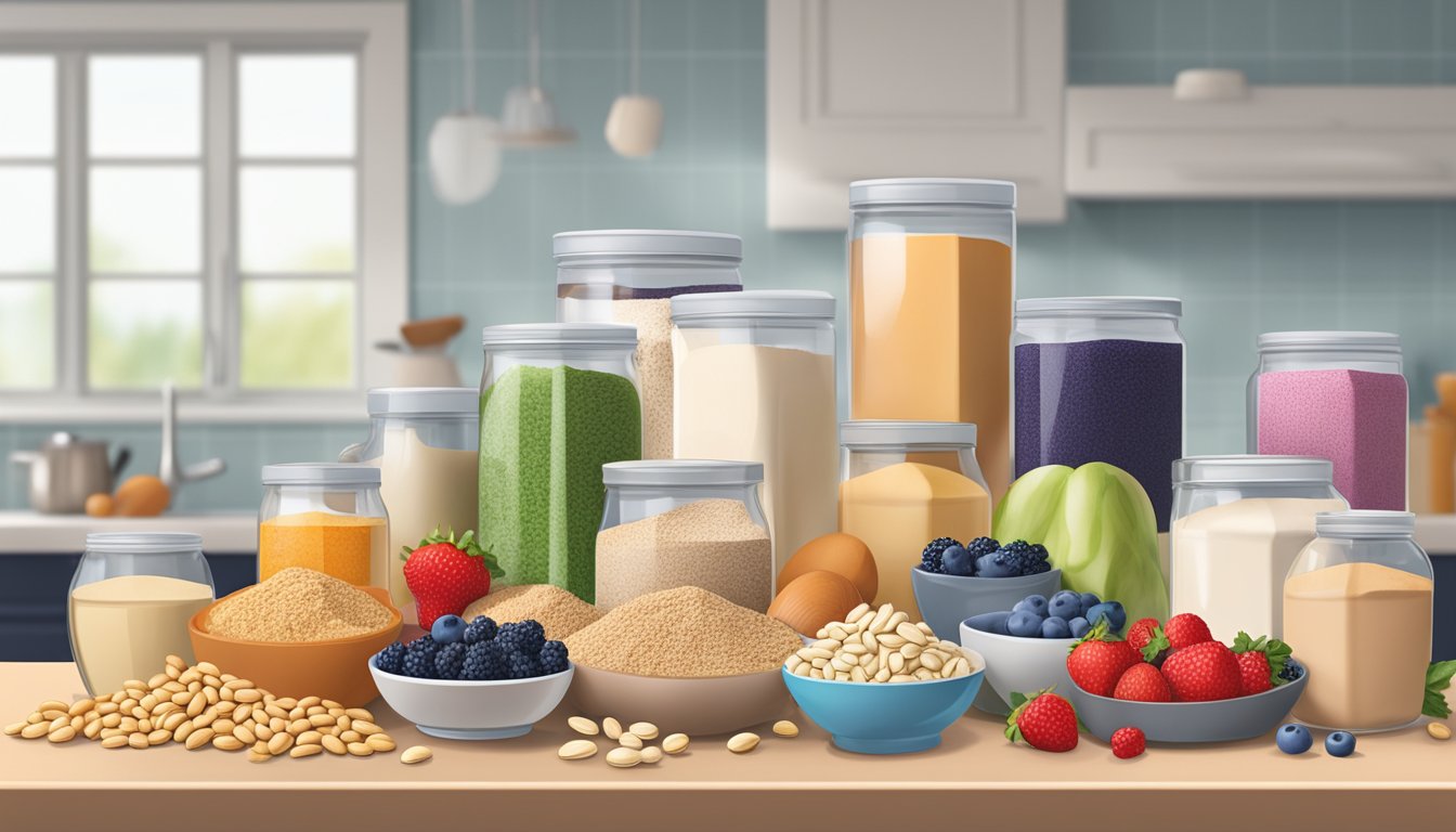 A colorful array of ingredients - peanuts, berries, and protein powder - arranged on a kitchen counter