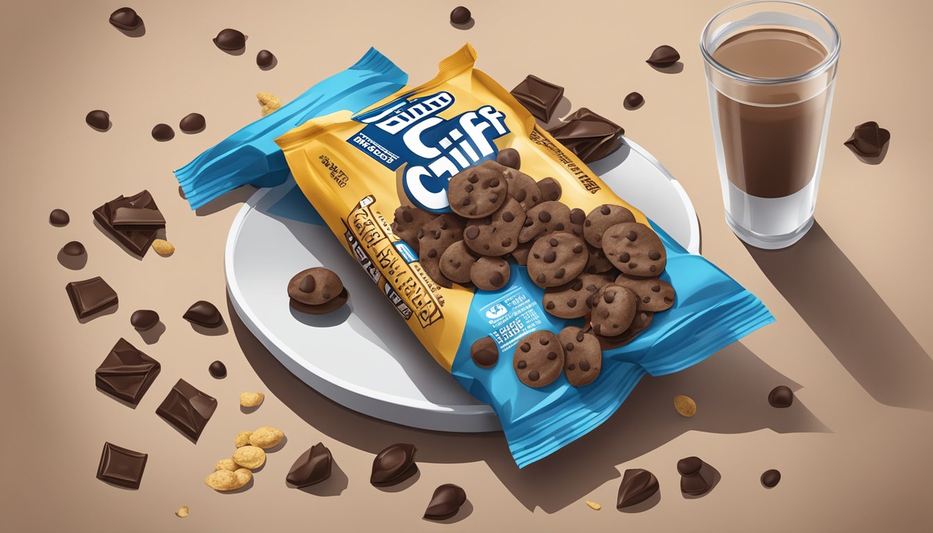 A table with a Clif Bar Chocolate Chip wrapper, surrounded by scattered chocolate chips and a glass of water