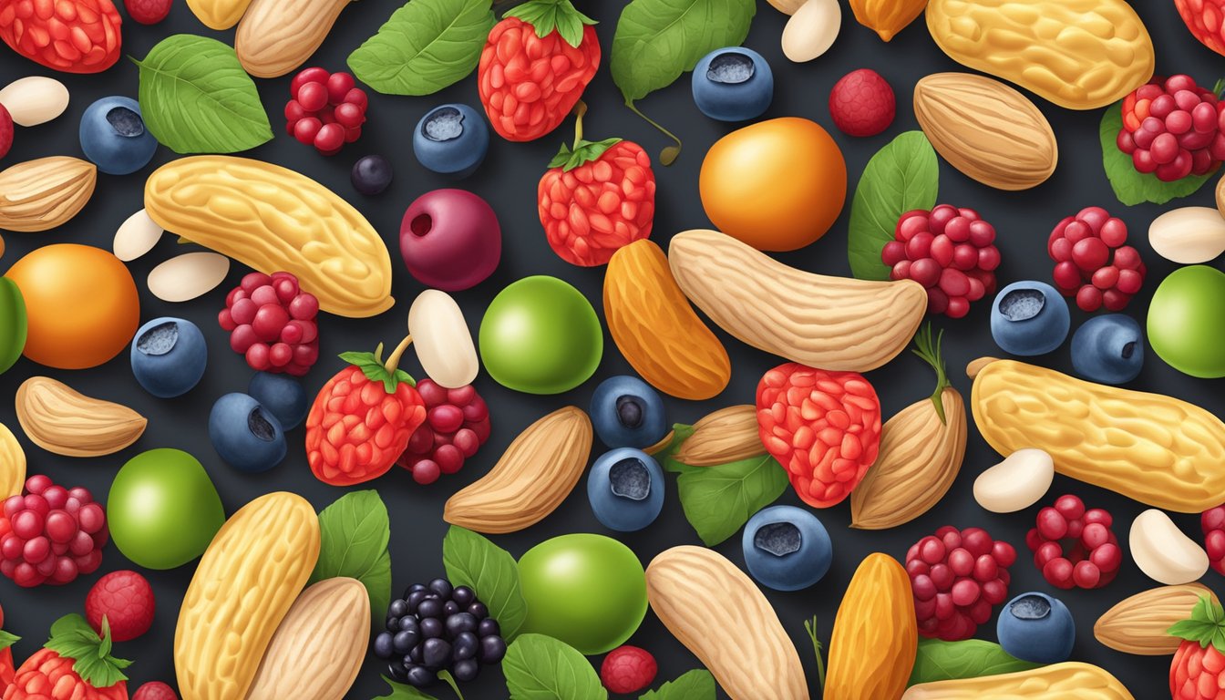 A colorful array of fresh peanuts, ripe berries, and protein-rich ingredients arranged in a balanced composition