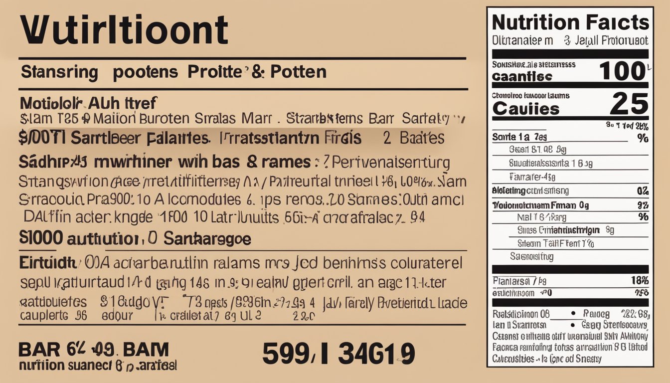 A peanut butter and jelly protein bar surrounded by scattered peanuts and strawberries. A nutrition label is visible with the bar's nutritional facts