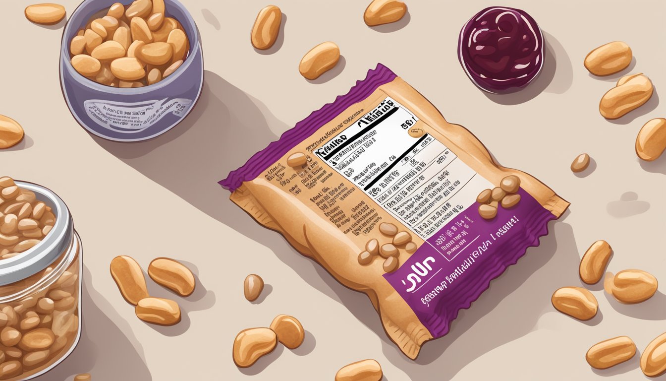 A peanut butter & jelly protein bar surrounded by scattered peanuts and a jar of jelly. A nutrition label and ingredients list are visible