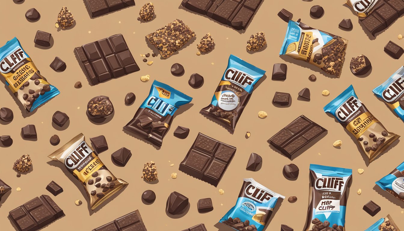 A table with a Clif Bar Chocolate Chip package surrounded by scattered chocolate chips and a measuring spoon