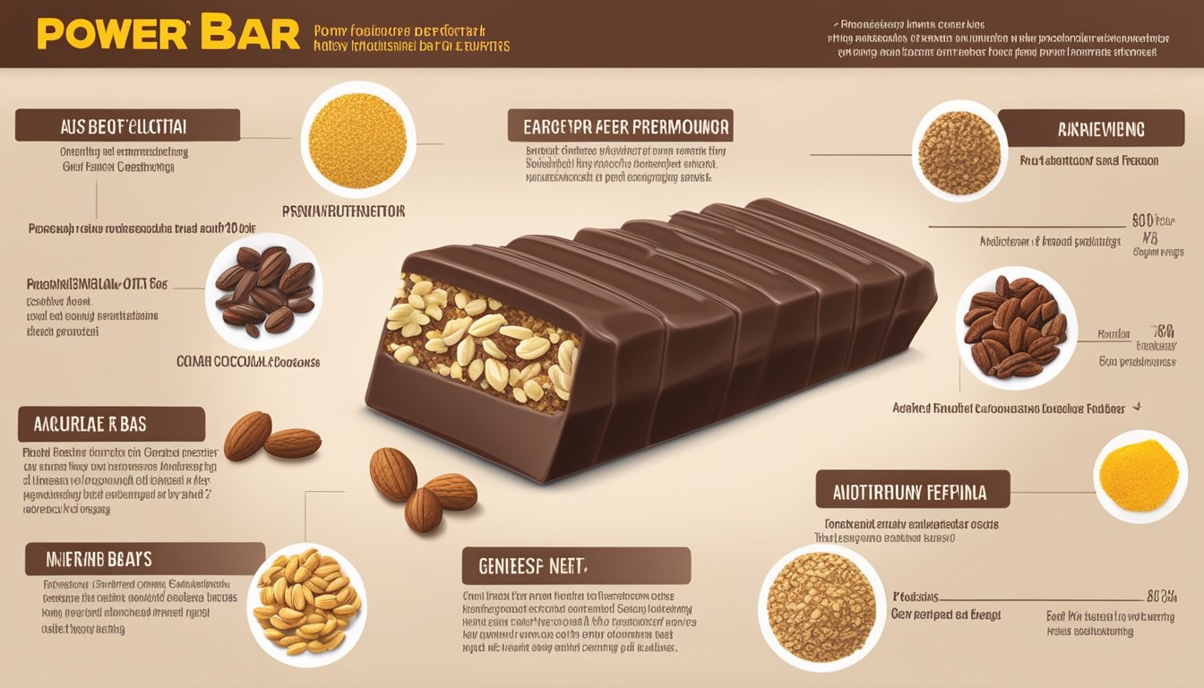 A PowerBar Performance Energy Bar in Chocolate flavor surrounded by various ingredients like oats, nuts, and cocoa beans, with the nutritional facts displayed prominently