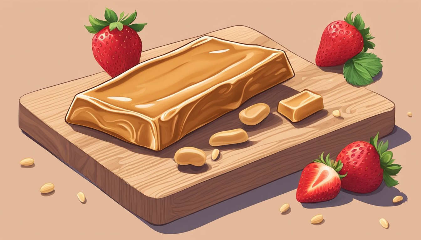 A Peanut Butter & Jelly Protein Bar surrounded by fresh strawberries and a dollop of peanut butter on a wooden cutting board