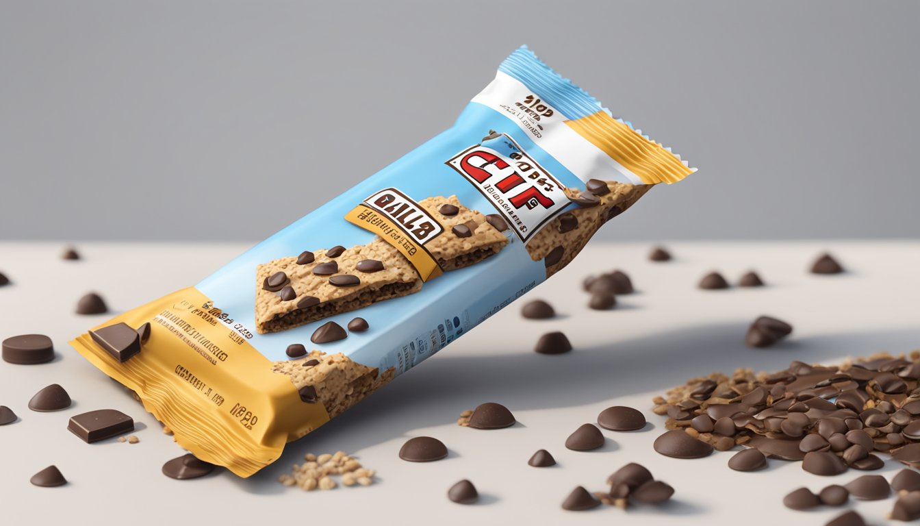 A Clif Bar Chocolate Chip sits on a clean white surface, surrounded by scattered chocolate chips and oats. A nutrition label is visible next to the bar