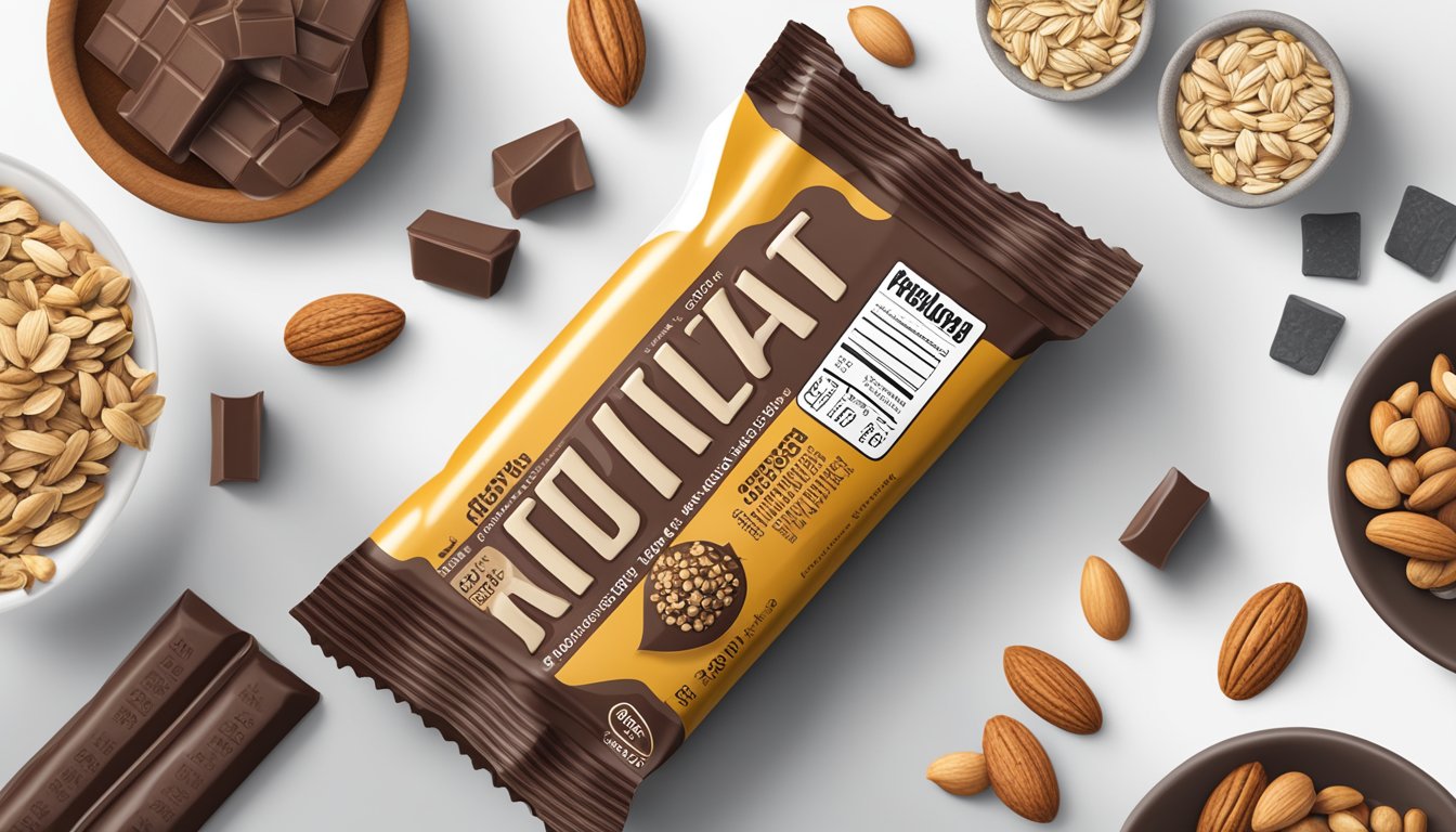 A chocolate PowerBar Performance Energy Bar surrounded by ingredients like nuts and oats, with a nutrition label displayed prominently