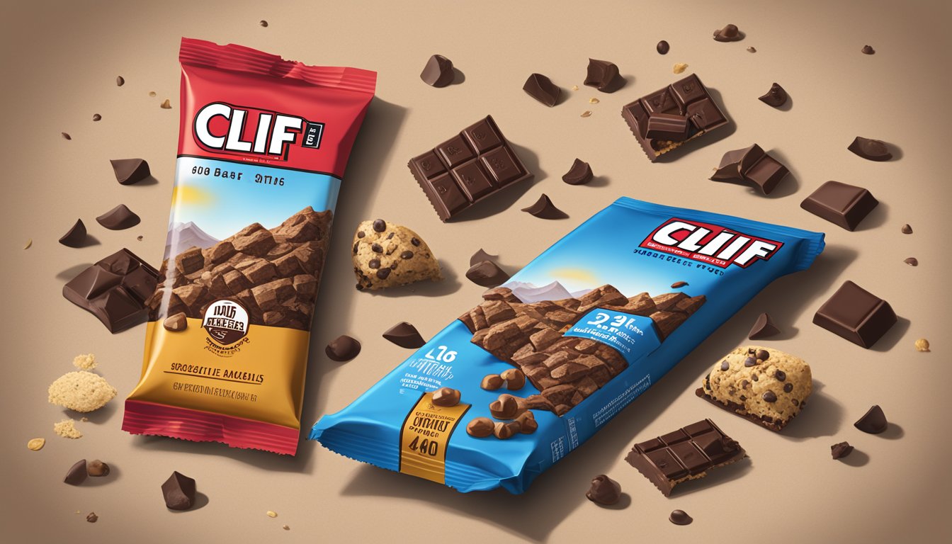 A Clif Bar Chocolate Chip surrounded by scattered ingredients and nutritional facts