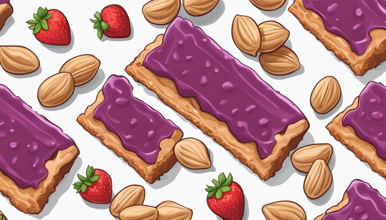 A peanut butter & jelly protein bar surrounded by fresh peanuts and ripe strawberries