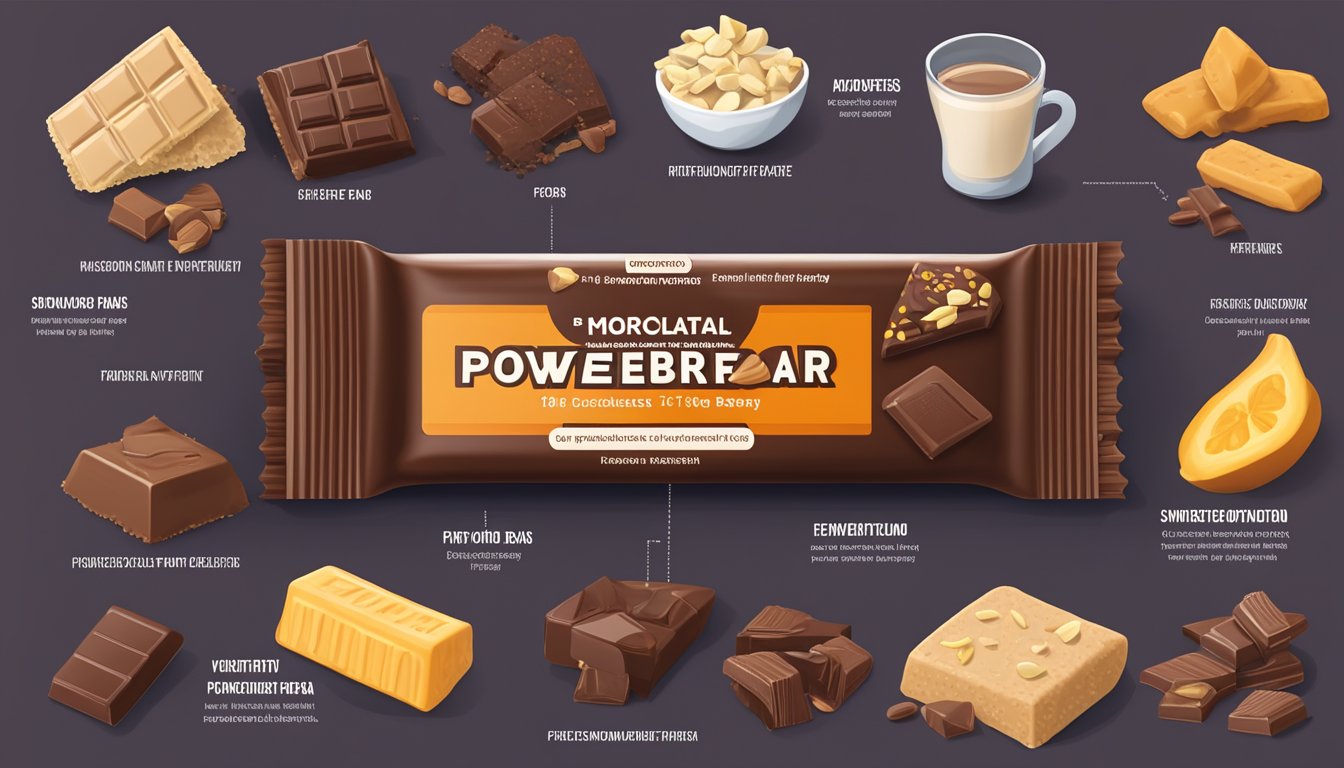 A chocolate PowerBar Performance Energy Bar surrounded by various dietary consideration symbols and nutritional facts