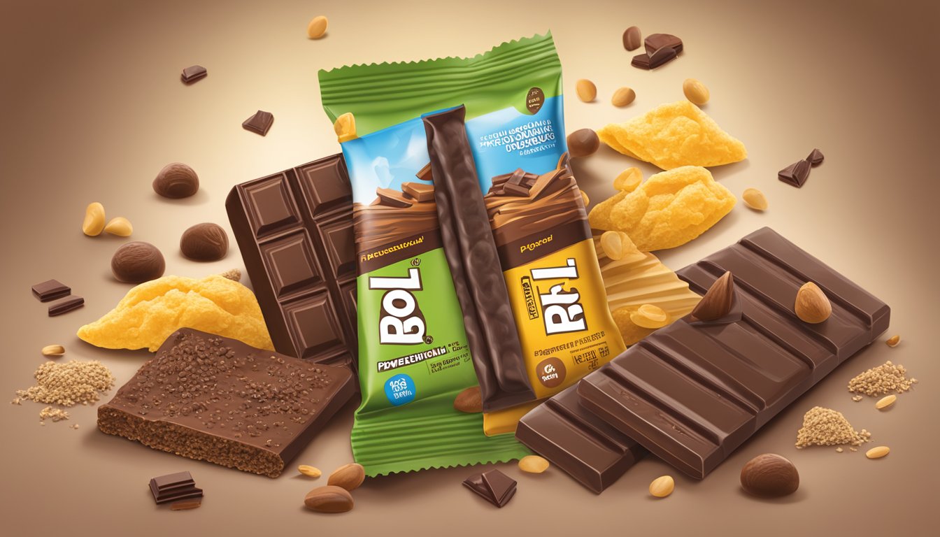 A PowerBar Performance Energy Bar surrounded by chocolate ingredients and nutritional facts