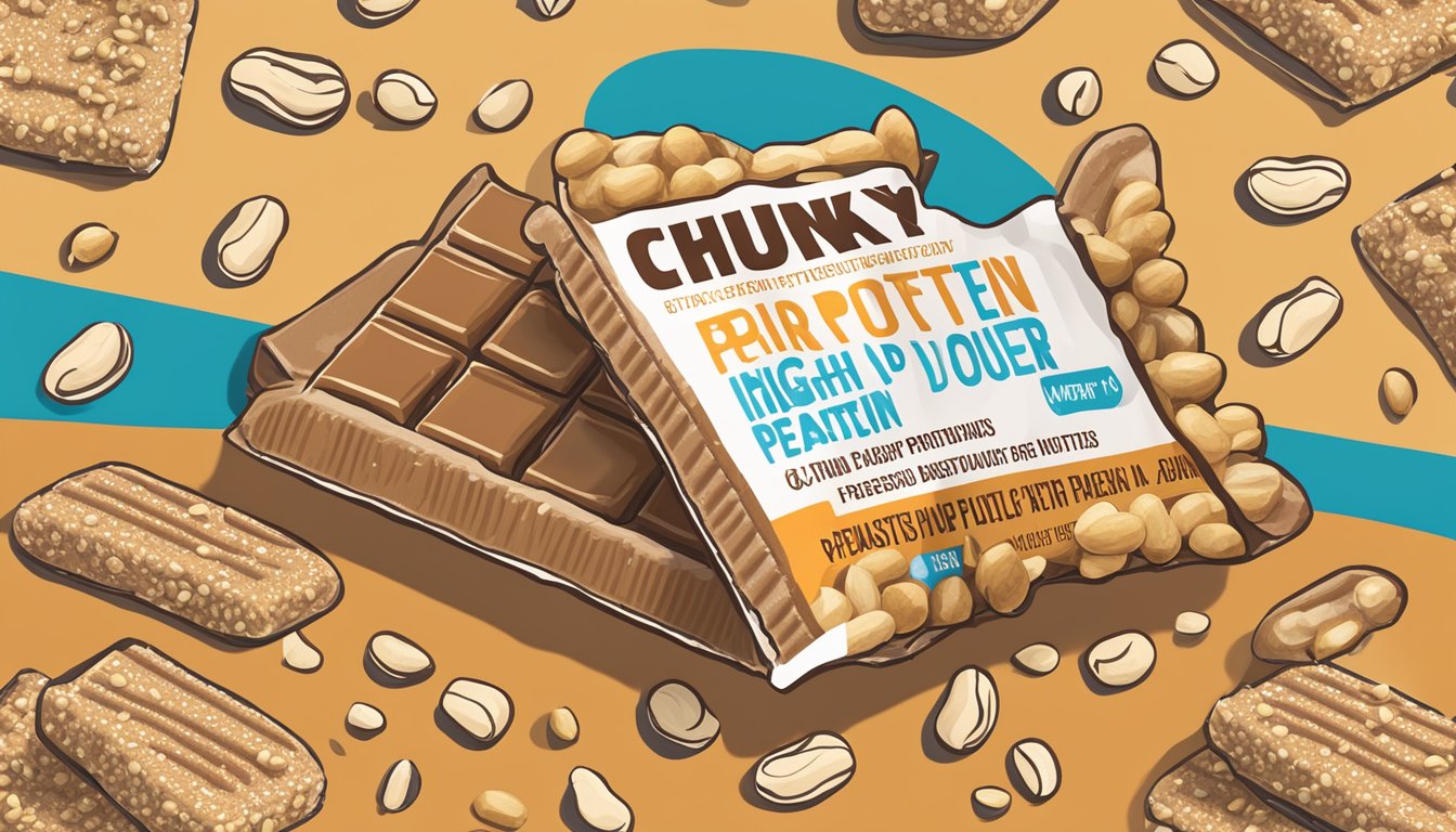 A colorful array of chunky peanut butter high protein bars surrounded by scattered peanuts and a bold nutritional facts label