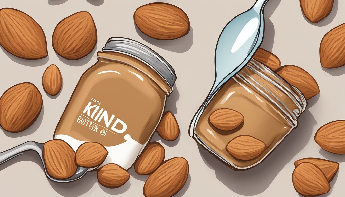 A jar of KIND Energy Almond Butter surrounded by almonds and a measuring spoon