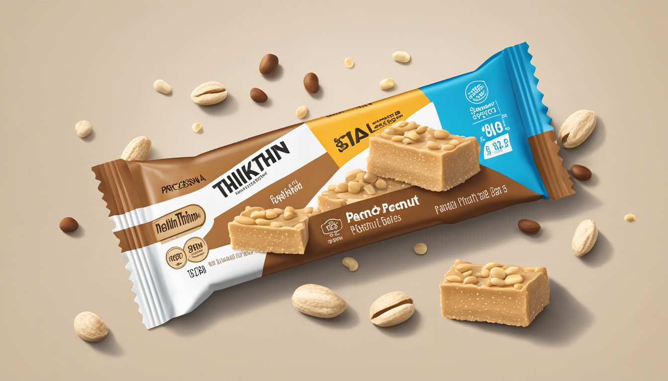 A stack of ThinkThin High Protein Bars in Chunky Peanut Butter flavor surrounded by scattered peanuts and a measuring tape