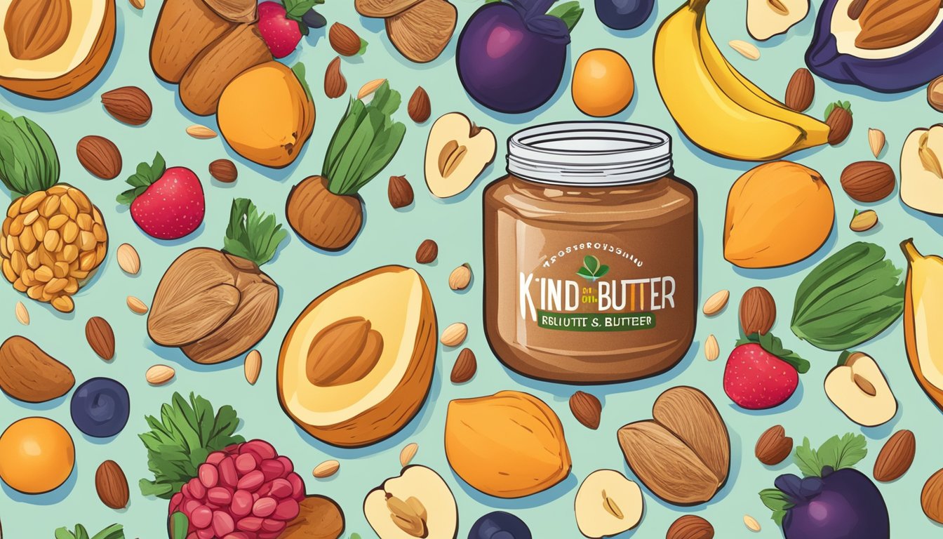 A jar of KIND Energy Almond Butter surrounded by various fruits and nuts, with a backdrop of colorful fruits and vegetables