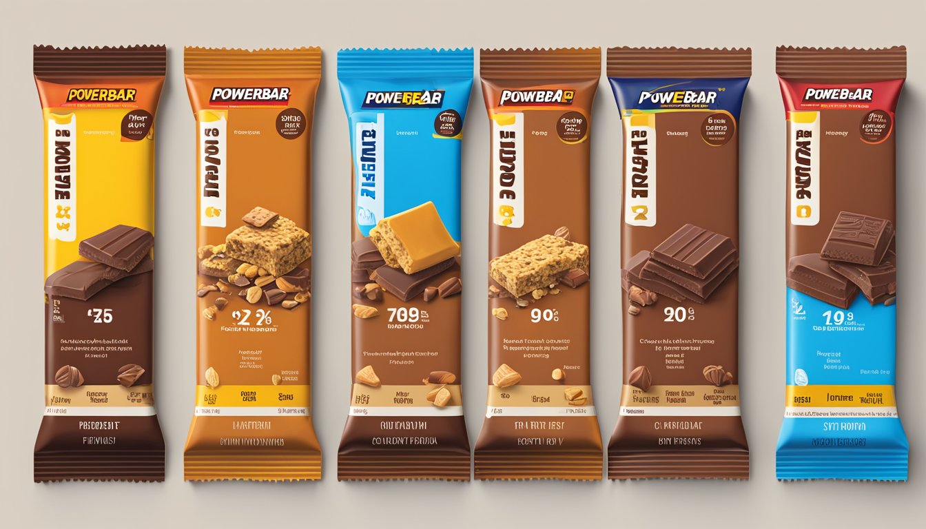 A PowerBar Performance Energy Bar Chocolate next to other energy bars with their nutritional facts displayed