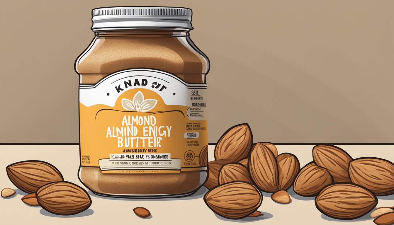 A jar of KIND Energy Almond Butter surrounded by almonds, oats, and honey, with a focus on the nutritional facts label